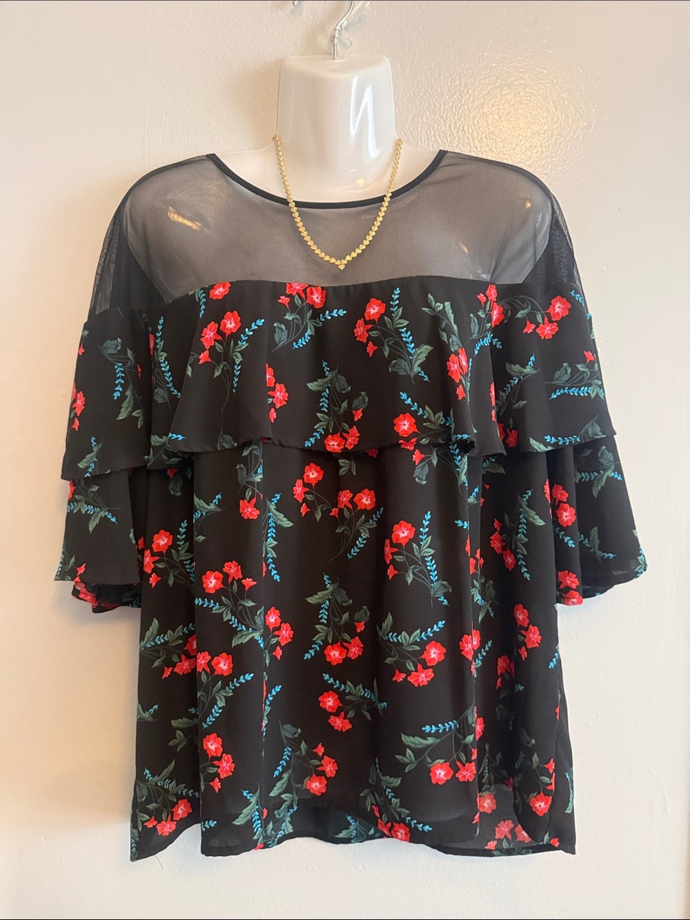 Vince Camuto Black Sheer-Yoke Floral Ruffle Blouse